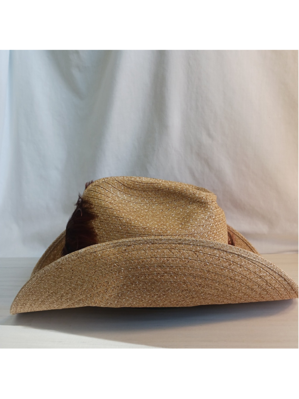 VTG Straw Cowboy Hat Small Pheasant Feathers - Picture 3 of 8